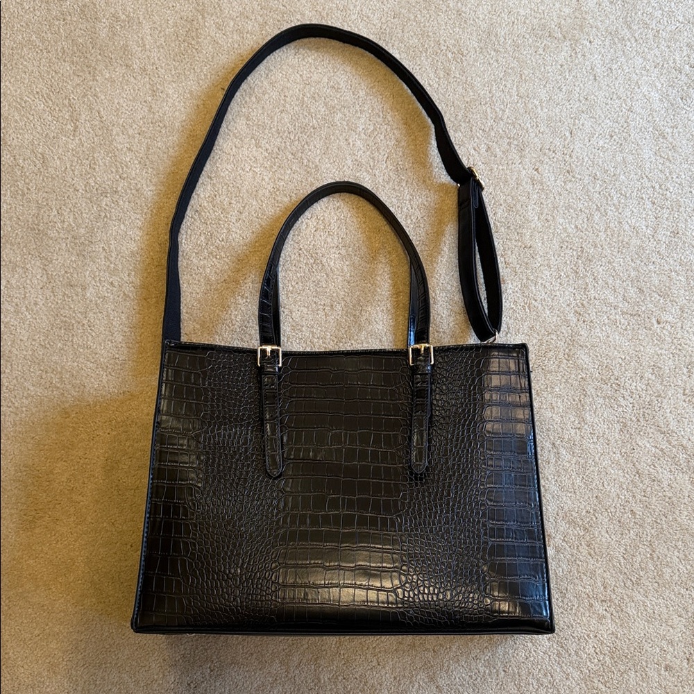 Elegant Black Crocodile-Embossed Tote computer bag